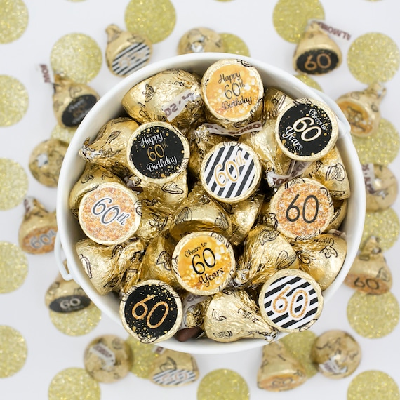 60th Birthday Decorations - Black and Gold 60th Birthday Party Favors - Stickers for Chocolate Kisses - 180 Stickers Il_570xn