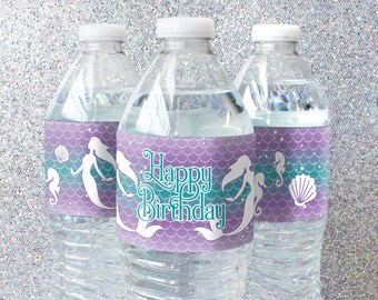Mermaid Birthday Party Water Bottle Labels Under the Sea Dive Into Five Happy Birthday Sticker Favors Kids Purple Teal Girls Table Decor