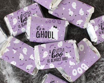 Purple Little Boo is Almost Due Girl Baby Shower Candy Wrapper for Miniature Chocolates, 42 Stickers, Halloween Fall Baby Shower Labels