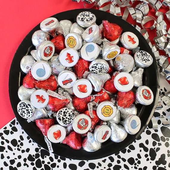 Firefighter Birthday Party Stickers for Chocolate Kisses, Dalmatian Candy Favor Labels for Kids, Fire Truck Birthday Stickers, 180 Labels Il_570xn