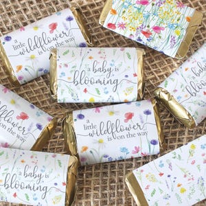 Wildflower Girl Baby Shower Mini Candy Bar Wrapper Stickers, Baby in Bloom Party Decoration, Little Wildflower on the Way Favor Labels 42ct