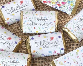 Wildflower Girl Baby Shower Mini Candy Bar Wrapper Stickers, Baby in Bloom Party Decoration, Little Wildflower on the Way Favor Labels 42ct
