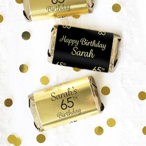 Personalized Birthday Candy Bar Wrapper Stickers for Mini Chocolates | Black Gold Foil Custom Labels Name Age, 50th 60th 65th 70th 80th 90th