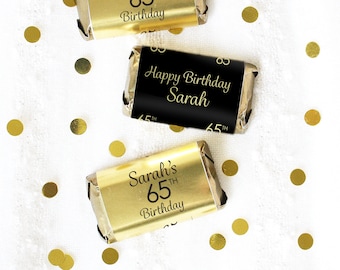 Personalized Birthday Candy Bar Wrapper Stickers for Mini Chocolates | Black Gold Foil Custom Labels Name Age, 50th 60th 65th 70th 80th 90th
