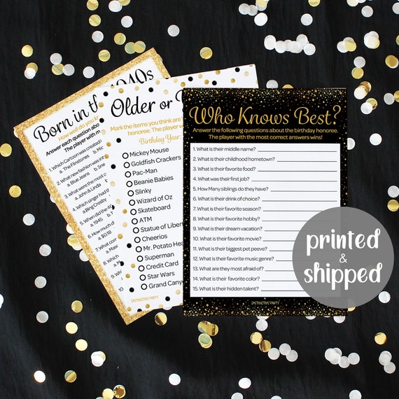 80th Birthday Party Games - Born in The 1940s Black and Gold Birthday Game Bundle - 80th or 85th Birthday - Set of 3 Games for 20 Guests