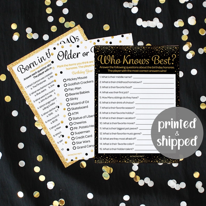 May include: Three party game cards with gold glitter borders and black backgrounds are displayed. One card asks "Born in the 40s?" and another asks "Who Knows Best?" The cards are decorated with gold confetti.