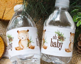 Woodland Bear Baby Shower Water Bottle Labels, 24ct - Woodland Creatures Baby Shower Decorations - Forest Friend Animal Beverage Favors