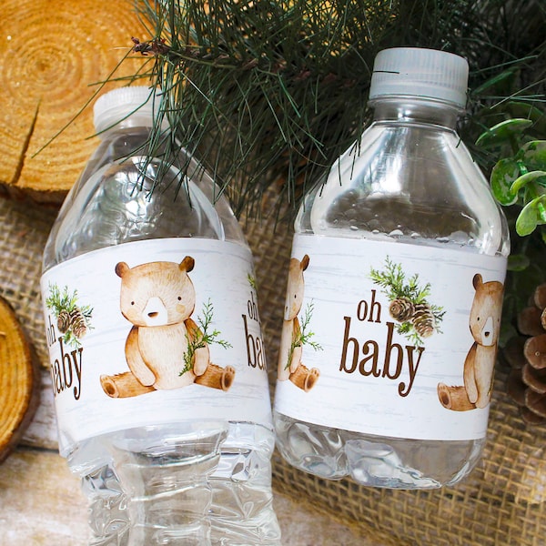 Woodland Bear Baby Shower Water Bottle Labels, 24ct - Woodland Creatures Baby Shower Decorations - Forest Friend Animal Beverage Favors
