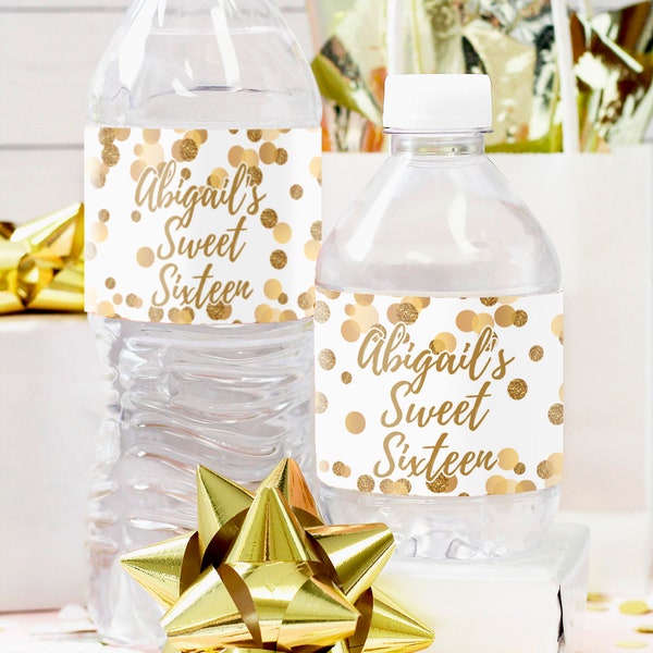 Personalized Sweet 16 Birthday Party Water Bottle Labels, White and Gold | Waterproof Wrappers - 16th Birthday Table Decoration