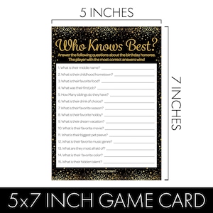 May include: A 5x7 inch game card with the text "Who Knows Best?" in gold script. The card features a black background with gold confetti and includes fill-in-the-blank questions. The card measures 5 inches by 7 inches.