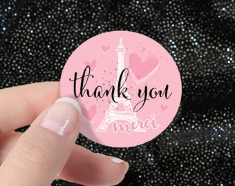 Paris Party Thank You Stickers - French Paris Theme Girl Birthday Thank You Tags - Pink Sweet 16 Envelope Seals - 40 Pink Paris Decorations