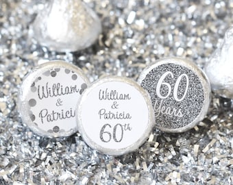 Personalized Wedding Anniversary Stickers for Chocolate Kisses | Customize Party Favors | 60th Diamond, 25th Silver, 70th Platinum, 10th Tin