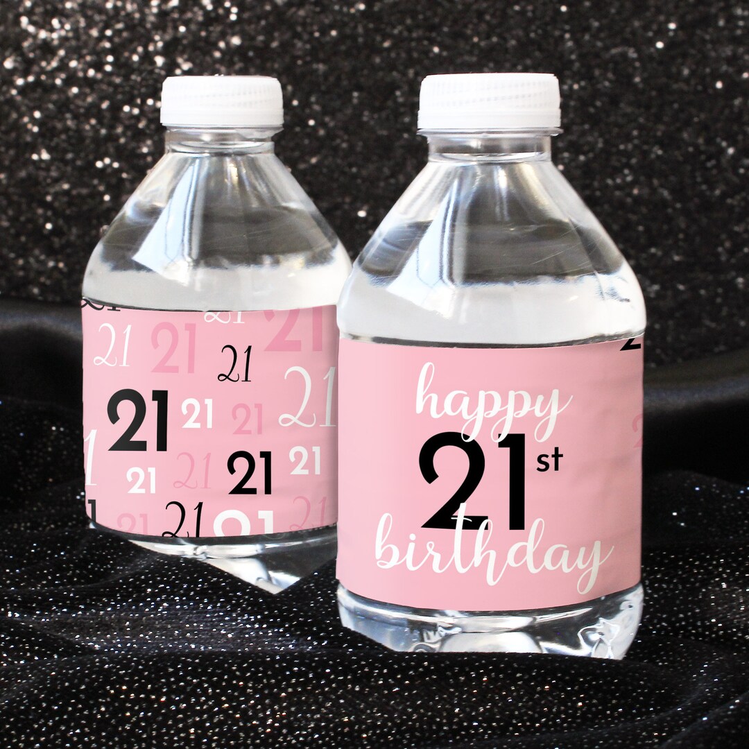 Pink 21st Birthday Party Water Bottle Labels – Pink & Black Waterproof ...