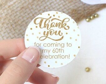 Personalized Gold and White Thank You Stickers | Customize Labels for Birthday Favor, 50th Golden Wedding Anniversary, Sweet 16, Quinceañera