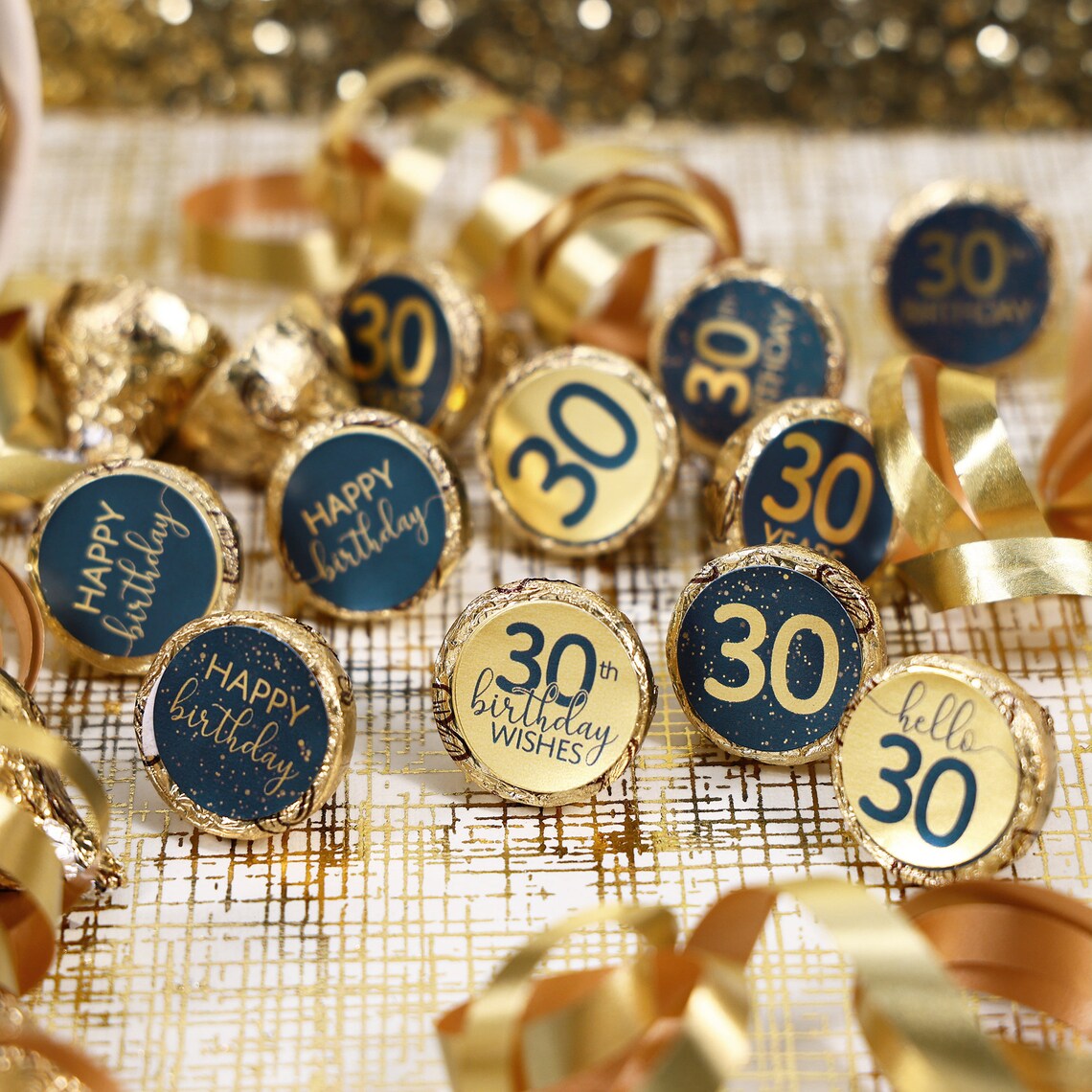30th Sticker 30th Birthday Party Favor Stickers - Navy Blue & Gold Foil Chocolate ...