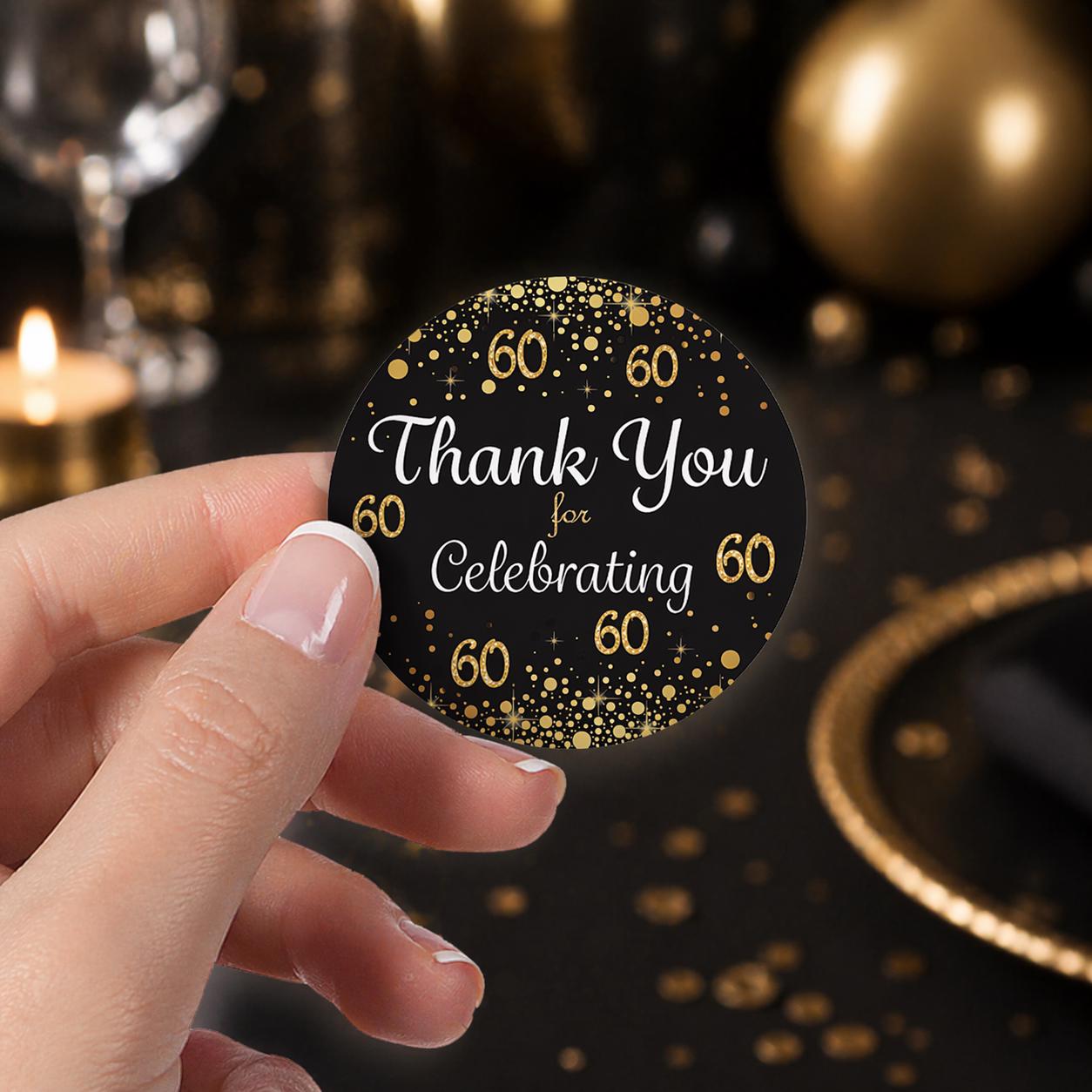 60th Birthday Thank You Stickers, 1.75” Black and Gold Birthday Party ...