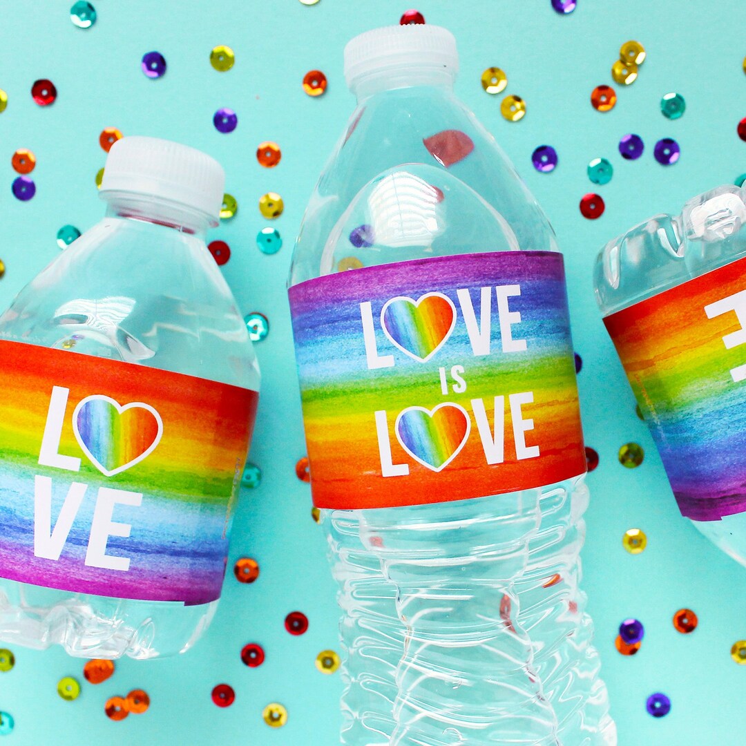 Pride Celebration Water Bottle Labels Love is Love LGBTQ, Watercolor Rainbow Pride Themed Party
