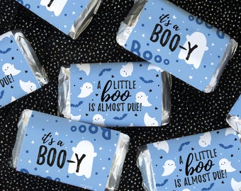 Blue Little Boo is Almost Due Boy Baby Shower Candy Wrappers for Miniature Chocolates, 42 Stickers, Boy Halloween Fall Baby Shower Labels