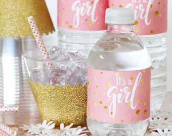 Girl Baby Shower Water Bottle Labels, 20ct Waterproof Stickers | Pink and Gold Baby Shower Decorations | Its a Girl Baby Shower Favors