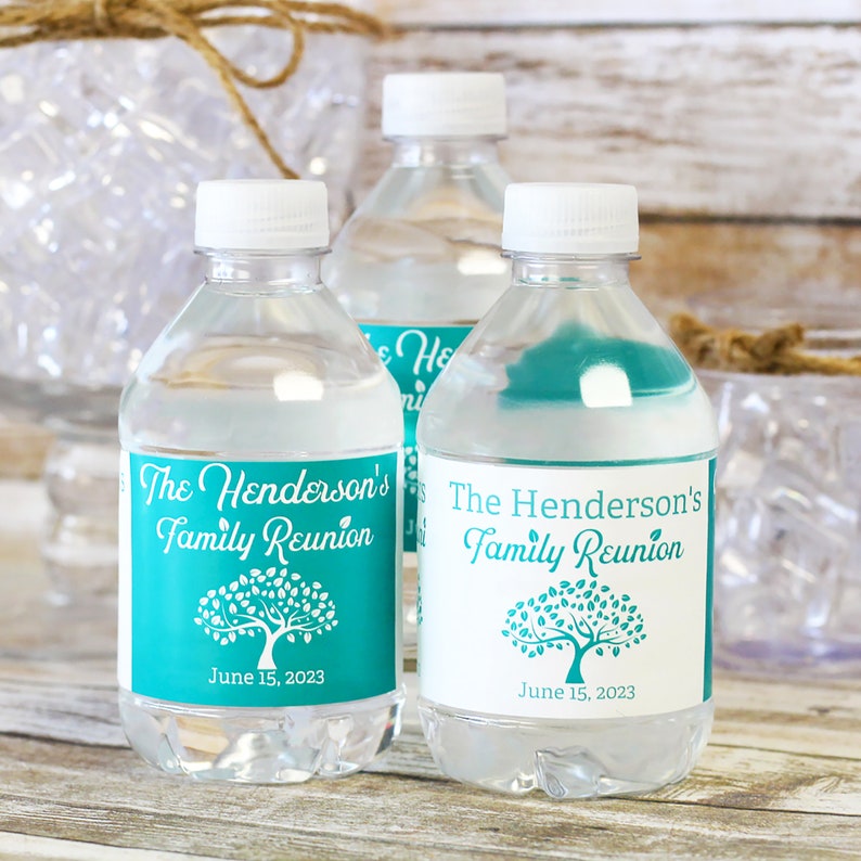 Personalized Custom Teal Family Reunion Water Bottle Labels, Custom Family Reunion Tree Decoration Party Favors, 9 colors, 24ct Waterproof Stickers