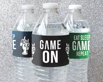 Video Game Birthday Party Water Bottle Labels, Gamer Stickers for Birthday Decorations, Game On Stickers for Kids Party Favors, 24 Labels