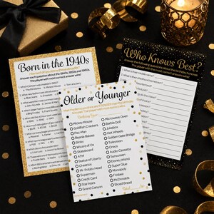 May include: Three party game cards with gold glitter borders. One card says "Born in the 1940s" with trivia questions. Another says "Who Knows Best?" with fill-in-the-blank questions. The third card is "Older or Younger" with a list of items.