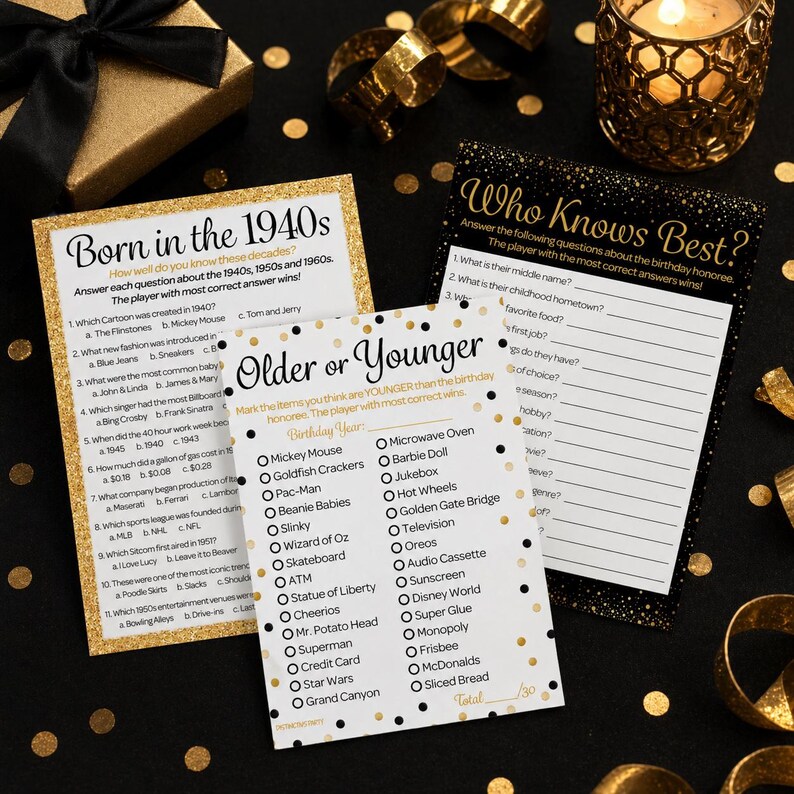May include: Three party game cards with gold glitter borders. One card says "Born in the 1940s" with trivia questions. Another says "Who Knows Best?" with fill-in-the-blank questions. The third card is "Older or Younger" with a list of items.