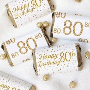 80th Birthday Candy Bar Wrappers for Miniatures Chocolates, White and Gold Happy 80th Birthday Party Favors, 42 Count Stickers