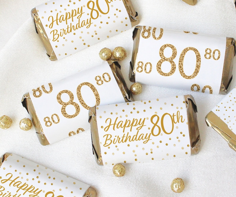 80th Birthday Candy Bar Wrappers for Miniatures Chocolates, White and ...