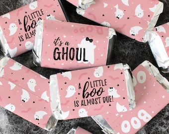 Pink Little Boo is Almost Due Girl Baby Shower Candy Wrapper for Miniature Chocolates, 42 Stickers, Ghoul Halloween Fall Baby Shower Labels