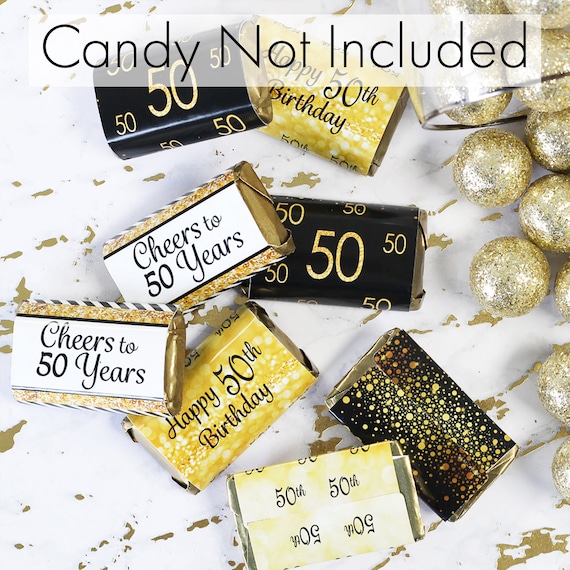 50th Birthday Decorations - Black and Gold Birthday Party Favors - Candy Wrappers for Hershey Miniatures Bars - 54ct Stickers Il_570xn