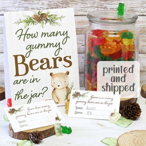 Guess How Many Gummy Bears in the Jar Game, Woodland Bear Baby Shower Party Game, Can Bearly Wait Guessing Game, Sign and 30 Player Cards