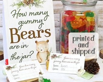 Guess How Many Gummy Bears in the Jar Game, Woodland Bear Baby Shower Party Game, Guessing Game, Sign and 30 Player Cards