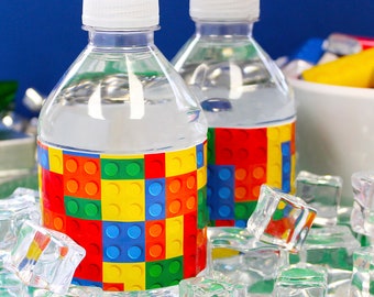 Building Blocks Birthday Party Water Bottle Labels, Waterproof Stickers, Girl Boy Birthday Party Favors, 20 Stickers for Kids