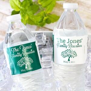 Personalized Custom Green Family Reunion Water Bottle Labels, Custom Family Reunion Tree Decoration Party Favors, 9 colors, 24ct Waterproof Stickers
