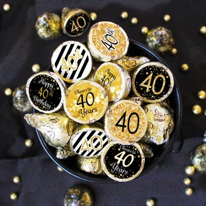 40th Birthday Decorations - Black and Gold 40th Birthday Party Favors for Him or Her - Label Stickers for Chocolate Kisses - 180 Stickers