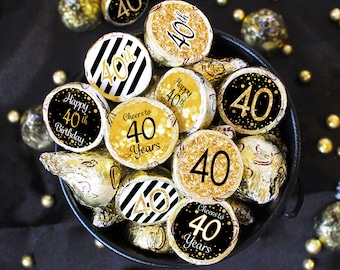 40th Birthday Decorations - Black and Gold 40th Birthday Party Favors for Him or Her - Label Stickers for Chocolate Kisses - 180 Stickers