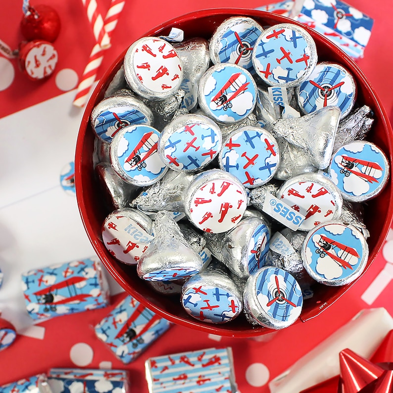 180 Count Airplane Birthday Favor Labels for Hershey/'s Kisses Candy Going Away Party Stickers Red Airplane Party Favor Stickers