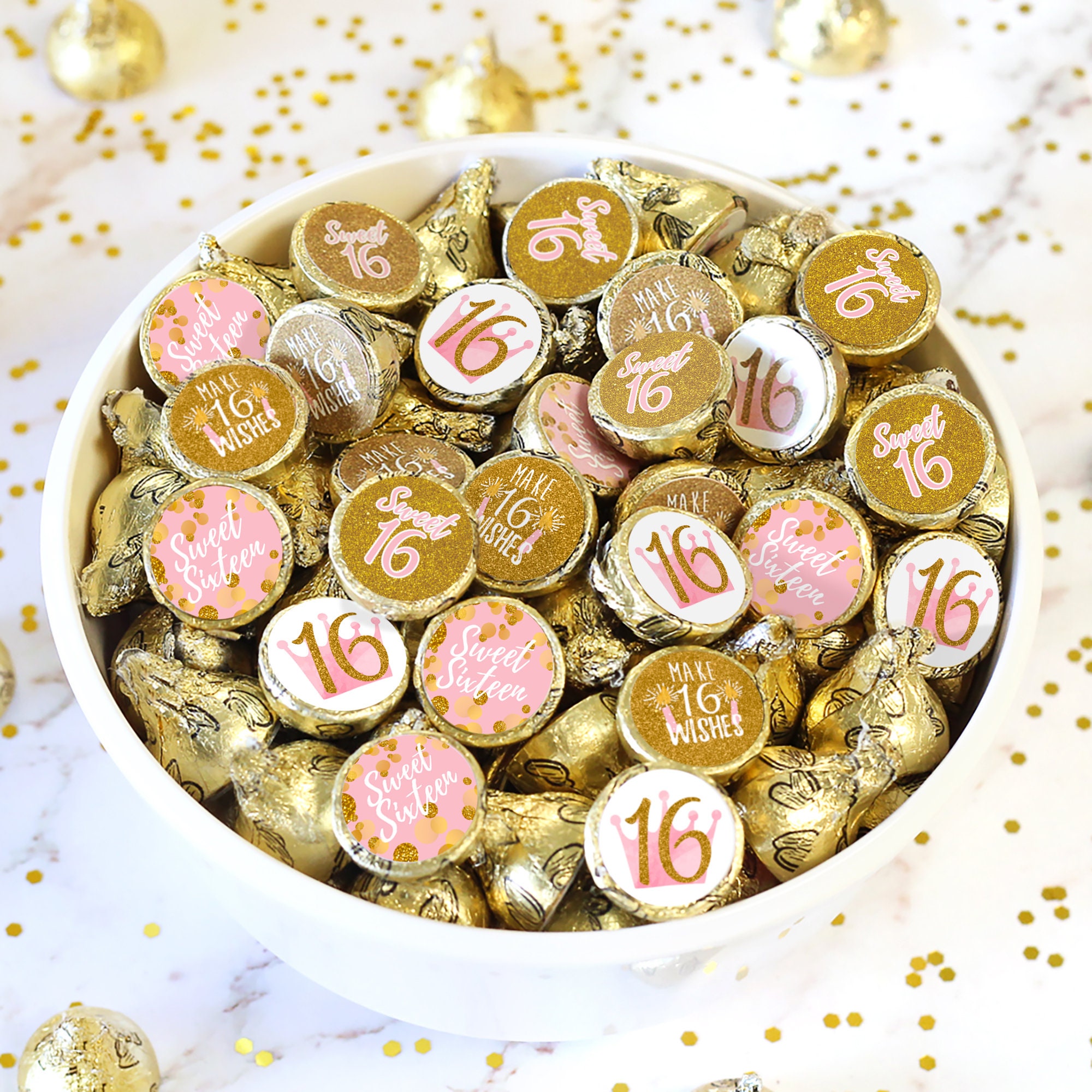 Pink and Gold Sweet 16 Party Favor Chocolate Kisses Stickers, Happy ...