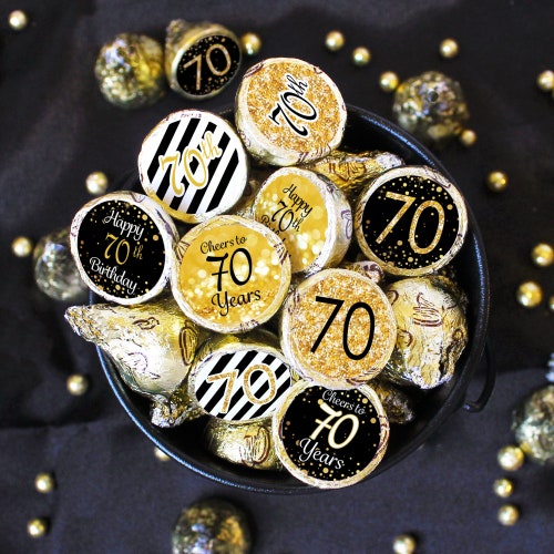 Black and Gold 70th Birthday Stickers for Chocolate Kisses Candy, Happy 70th Birthday Party Favors for Men Women, Bulk Supplies, 180 Labels
