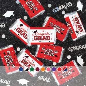 Class of 2026 Graduation Candy Wrappers – Mini Chocolate Bar Sticker Labels, Party Favors (42 Count) - 9 Color Options