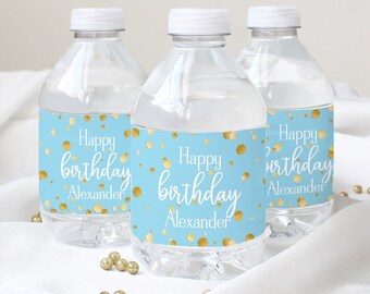 Personalized Blue Gold Happy Birthday Waterproof Water Bottle Labels | Birthday Table Decorations and Refreshments | 24ct Stickers