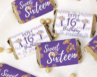 Sweet 16 Purple and Gold Candy Bar Wrappers, Happy Sweet Sixteenth Birthday Party Stickers, Birthday Decorations, 45 Stickers