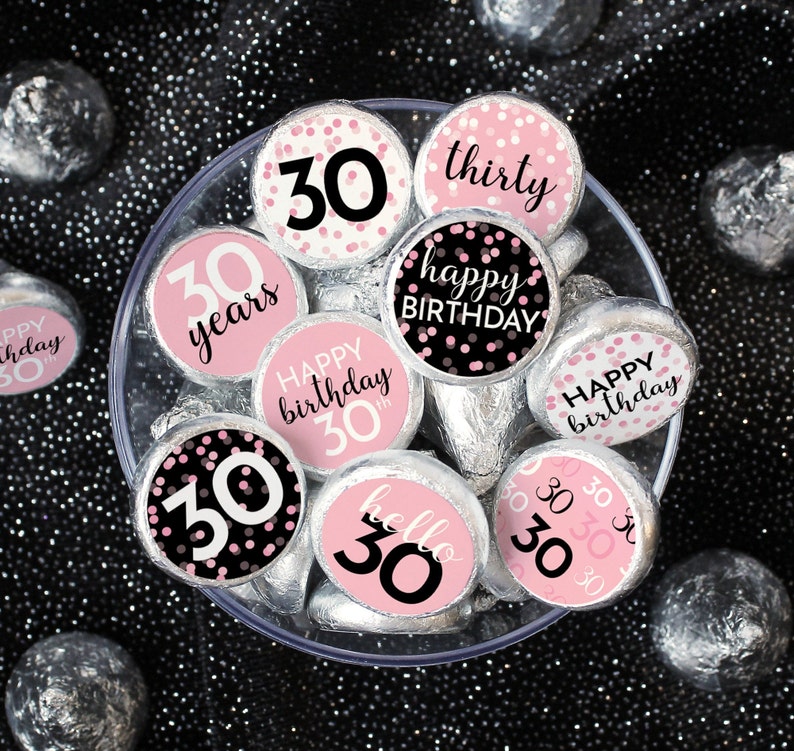 30th Sticker 30th Birthday Party Favor Stickers - Pink and Black Chocolate Kiss ...