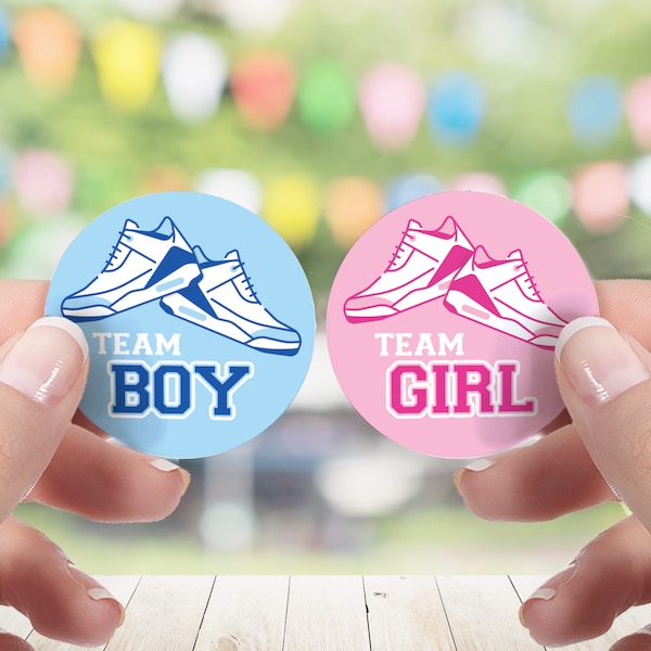 Sneaker Baby Gender Reveal Party Voting Stickers - Team Boy or Team Girl Baby Shower - Baby Shower Shoes, Pink or Blue - 40 Labels