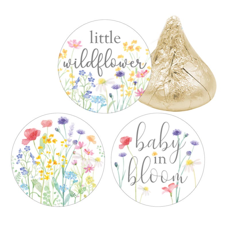 Close-up of Baby in Bloom wildflower sticker design, pink floral baby shower favor labels
