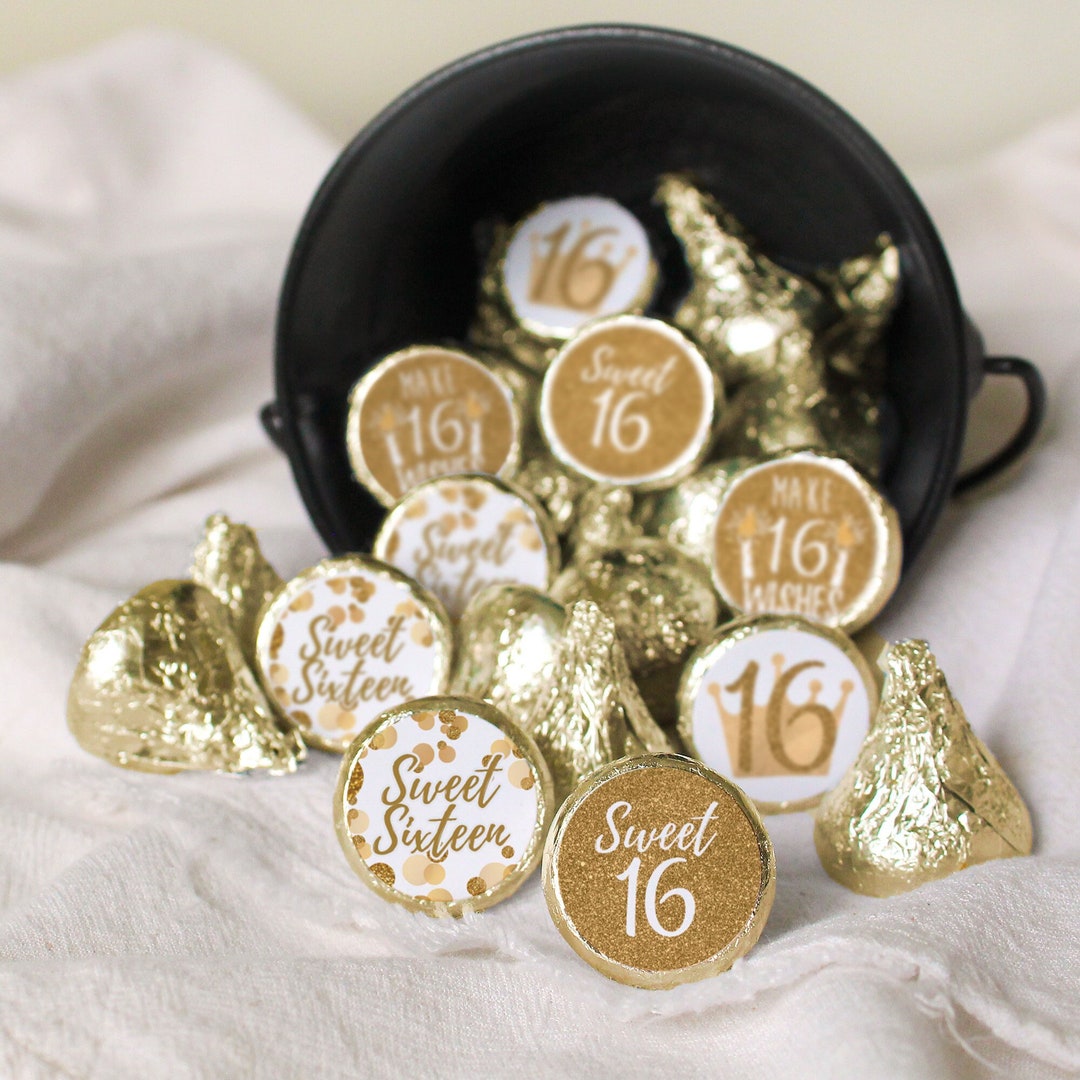 Sweet 16 Birthday Party Favors Stickers Fit on Chocolate Kisses White ...