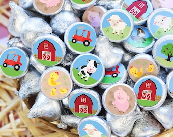Farm Animals Birthday Party Chocolate Kisses Favor Stickers - Old McDonald, Pig, Cow, Horse, Sheep, and Chicken Barnyard Theme Labels