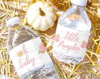 Pink Little Pumpkin Baby Shower Water Bottle Labels, Fall Girl Stickers (20ct)