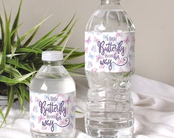 Butterfly Girl Baby Shower Water Bottle Labels - A Little Butterfly is on Her Way Party Favors, Pink and Purple Water Bottle Wrappers - 20ct
